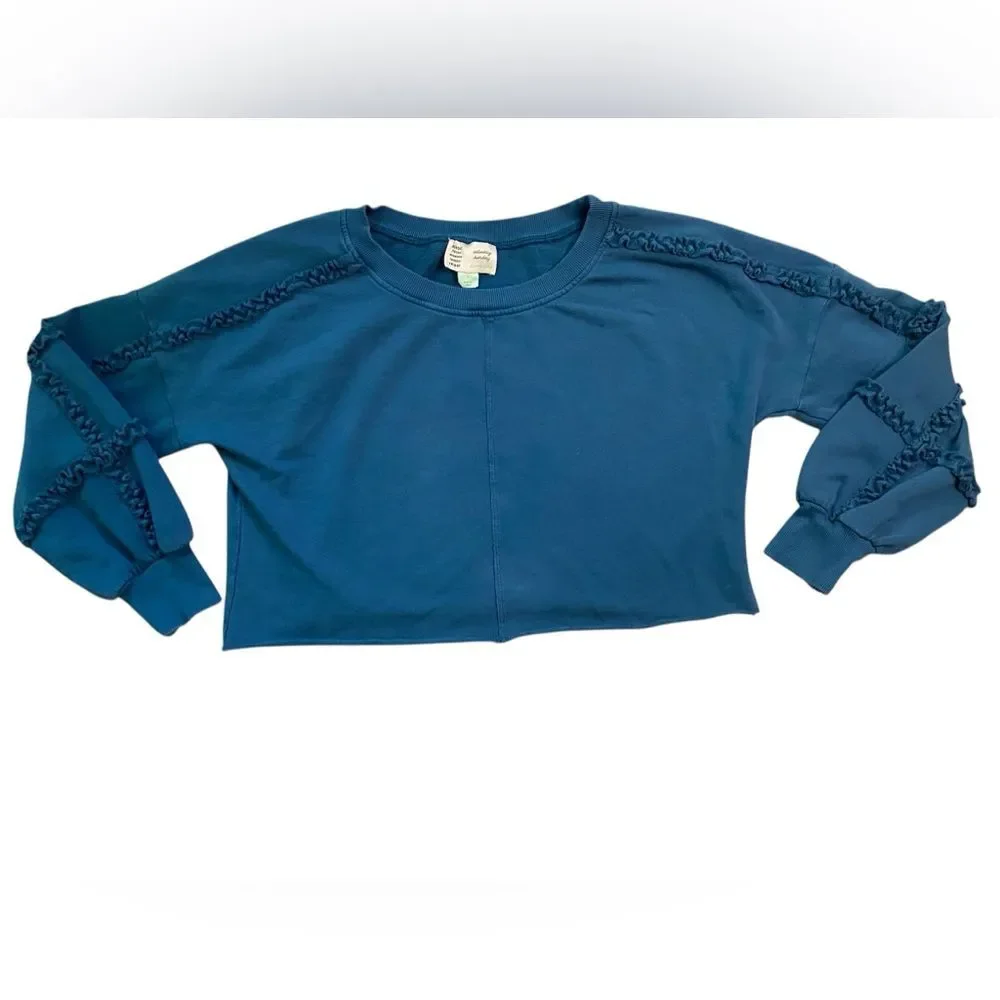 Saturday Sunday by Anthropologie Teal Corrie Crop Ruffle Sleeve Sweatshirt